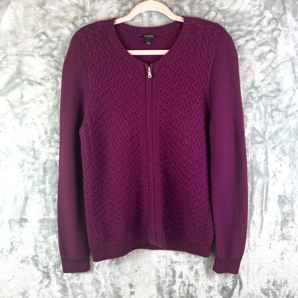 Talbots Large Cashmere Wool Cotton Cable Knit Cardigan Full Zip Berry Cozy Heavy